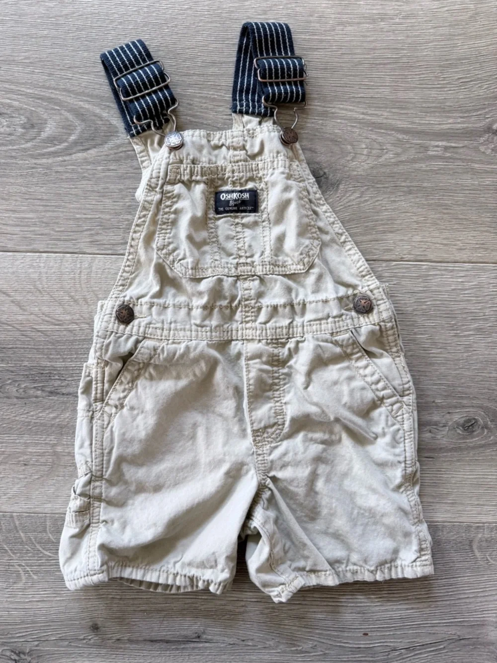 OshKosh B'gosh Tan Short Overalls with Navy Stripe Straps